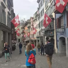 Study abroad students, faculty, and staff walking the streets of Zurich.