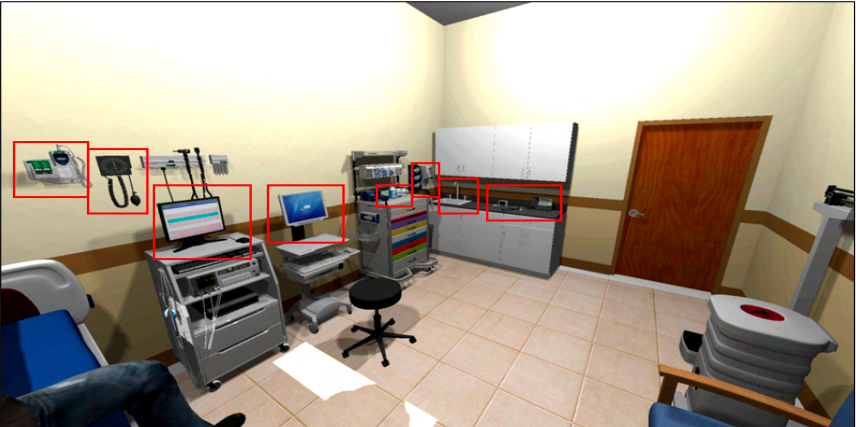 Screenshot of the pain management simulation patient room